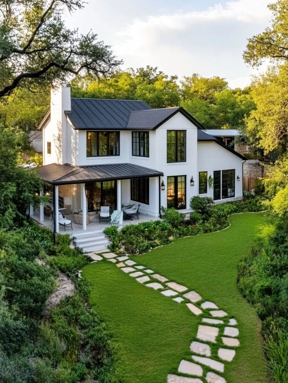 Modern two-story white house with black roof and large windows, surrounded by greenery, featuring a stone pathway leading to the entrance through a manicured lawn.