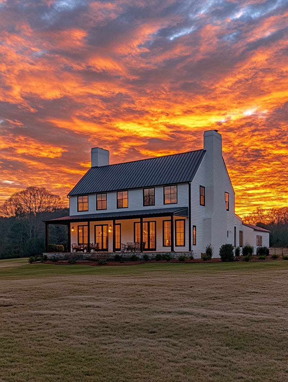 A modern farmhouse with large windows and twin chimneys stands on a grassy lawn under a dramatic orange and yellow sunset sky.
