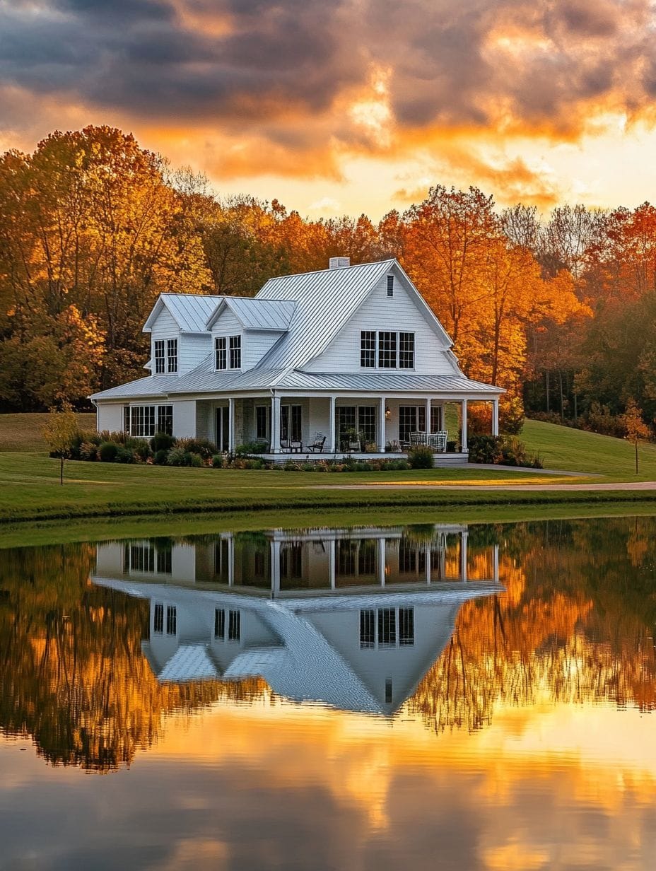 A white house with a wraparound porch is reflected in a calm pond, surrounded by autumn trees under a dramatic sunset sky.