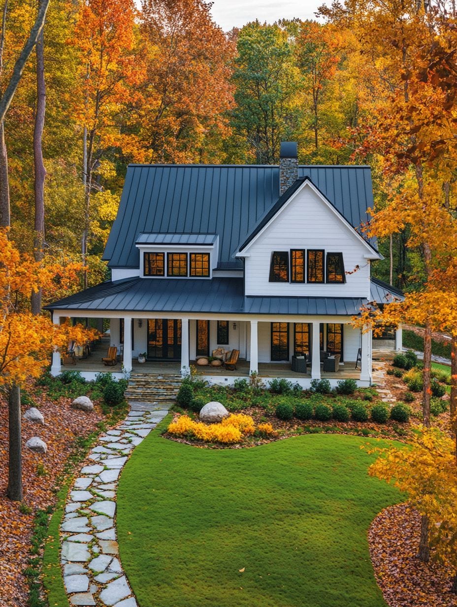 A white two-story house with a dark metal roof sits among autumn trees, featuring a large wraparound porch and a curved stone path leading through a manicured lawn.