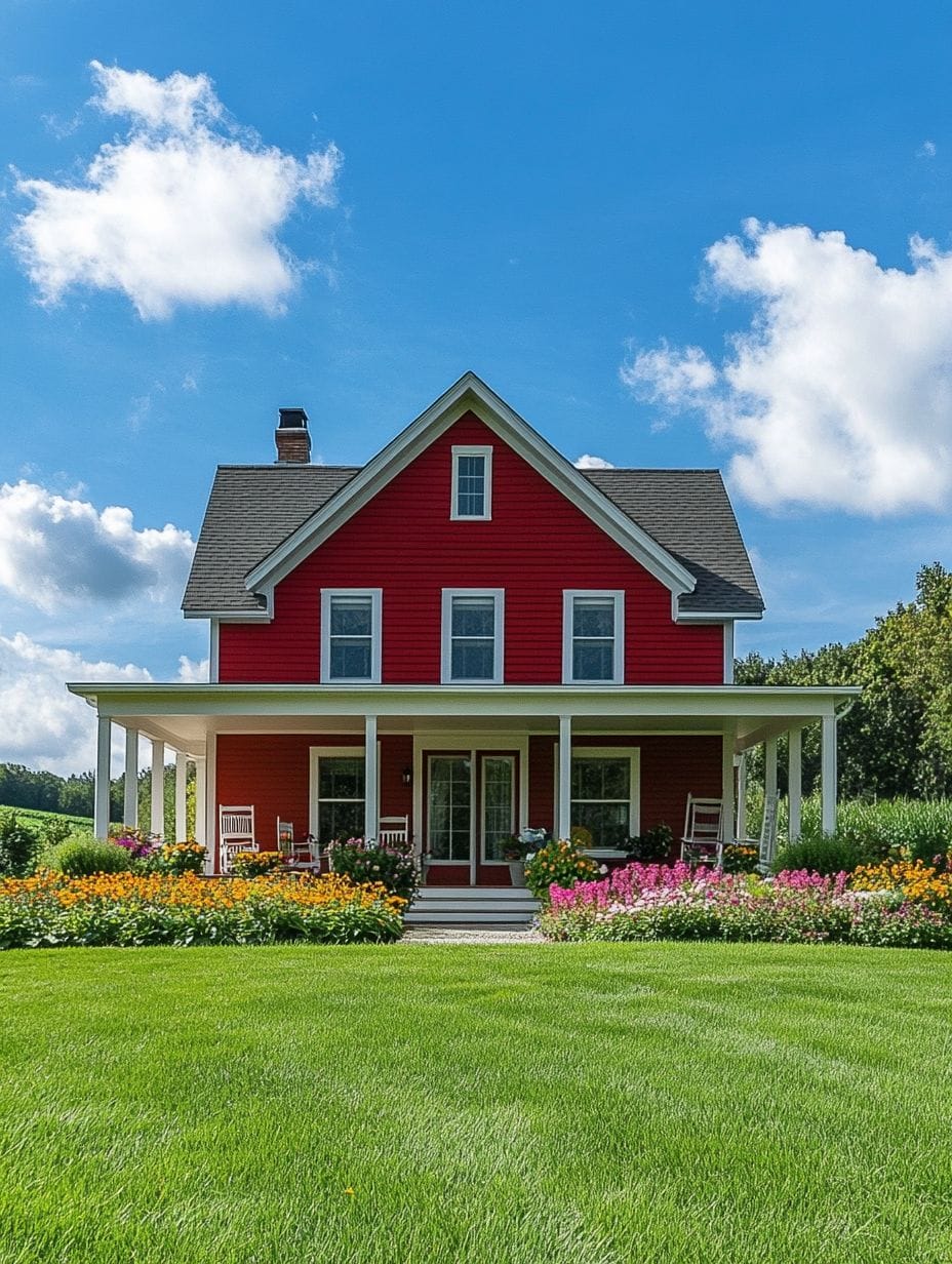 A red two-story house with a wraparound porch, white trim, and a manicured lawn, surrounded by colorful flower beds under a blue sky with scattered clouds.