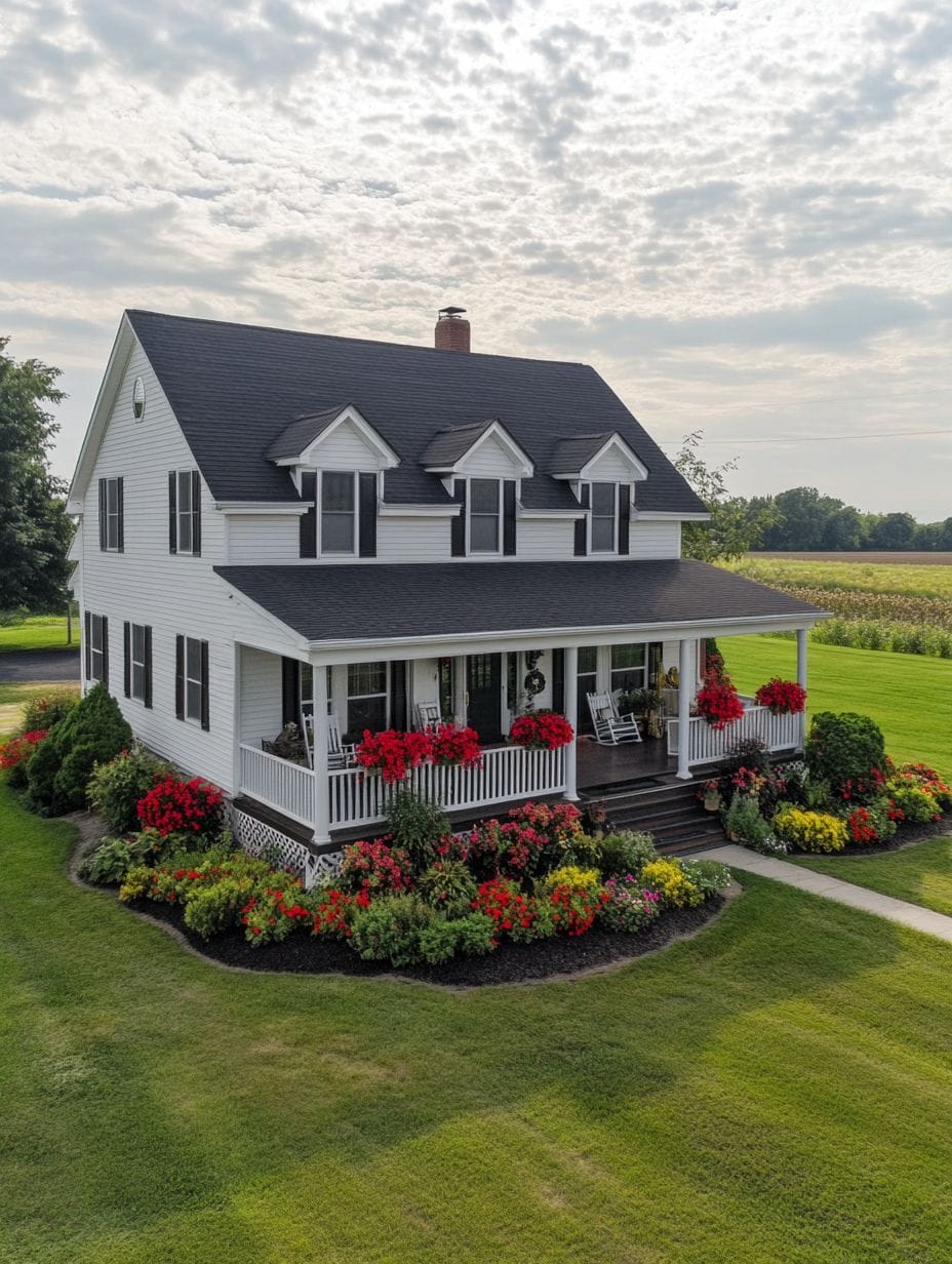 A white two-story house with black roof and shutters, surrounded by neatly trimmed lawn and colorful flower beds, under a partly cloudy sky.