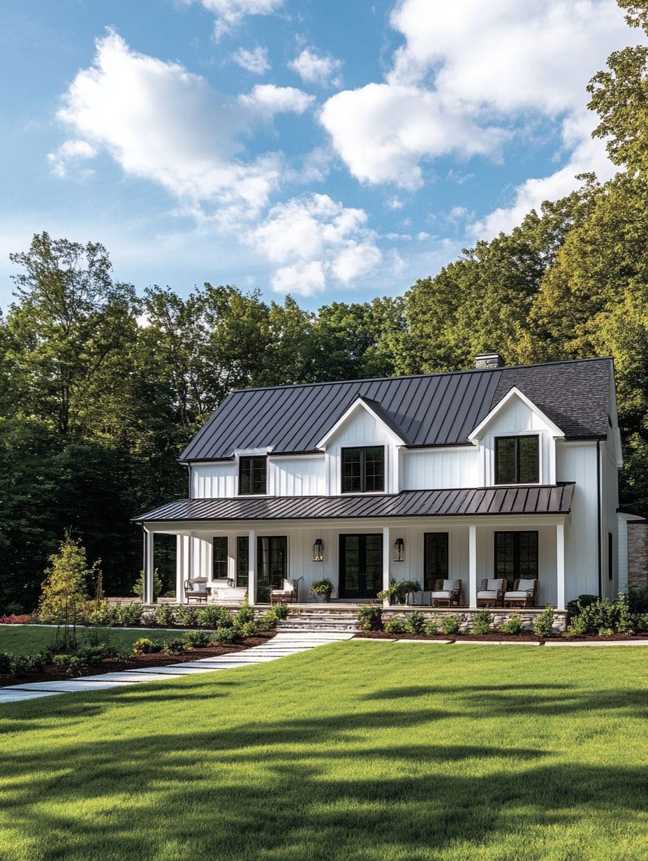 A modern white farmhouse with a black metal roof, large windows, and a covered front porch, surrounded by green lawn and trees under a partly cloudy sky.