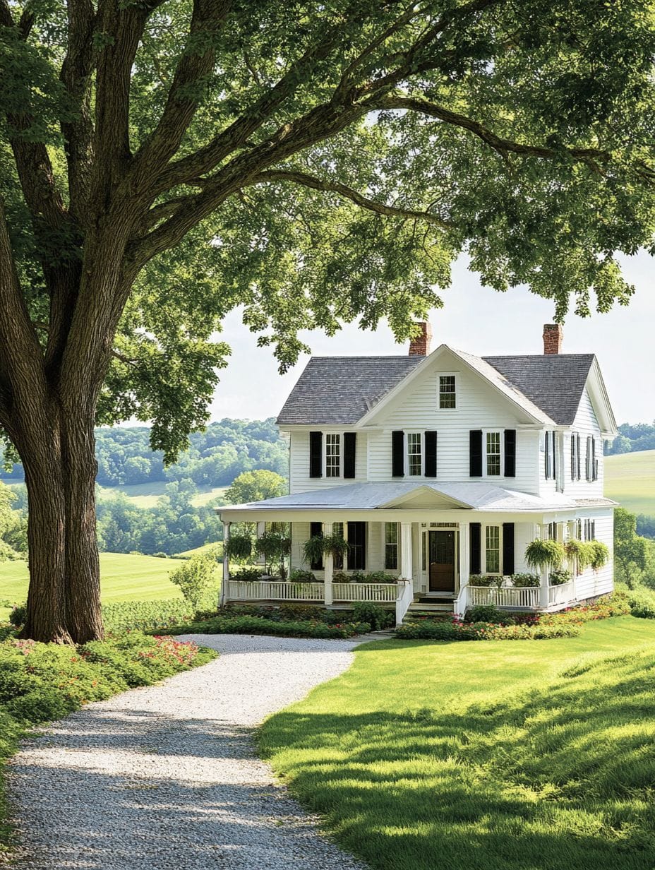 A white two-story house with a wraparound porch sits behind a large tree, surrounded by green lawn and countryside, with a gravel driveway leading up to it.