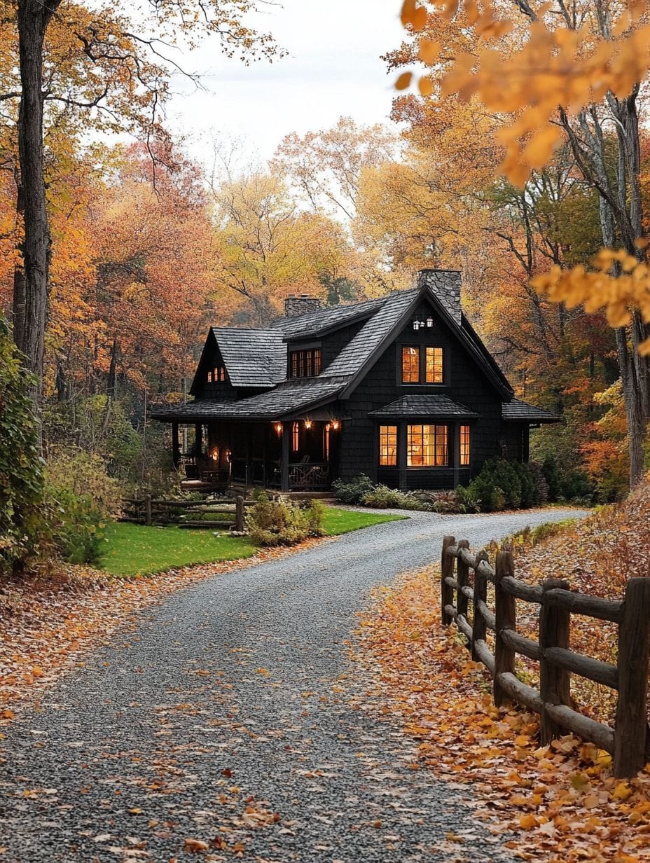 A black house with lit windows sits beside a winding gravel path, surrounded by autumn trees with orange and yellow leaves.