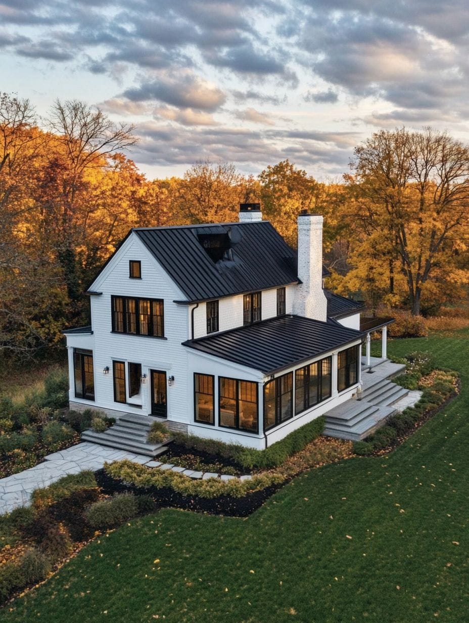 A modern two-story white house with black trim and a black metal roof sits surrounded by autumn trees and a well-kept lawn under a cloudy sky.