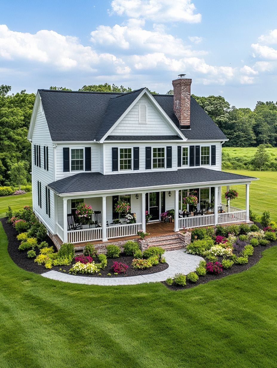 Two-story white house with black shutters, a brick chimney, and a large front porch, surrounded by a neatly landscaped garden and green lawn under a partly cloudy sky.