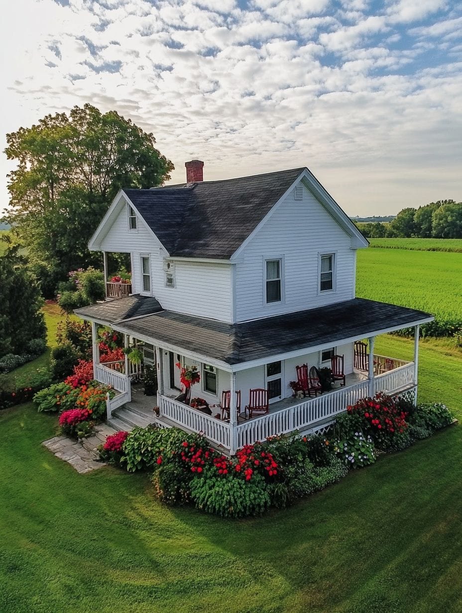 A white two-story farmhouse with a wraparound porch is surrounded by vibrant flower beds and green lawn, set against a backdrop of fields and scattered trees under a partly cloudy sky.