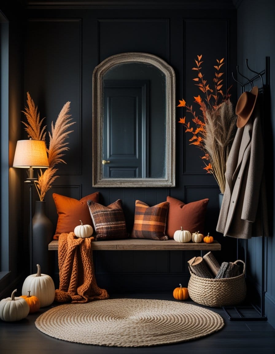 A cozy entryway with a bench, autumn-themed pillows, pumpkins, a basket with firewood, a coat rack, and dried plants, all set against dark walls and a large mirror.