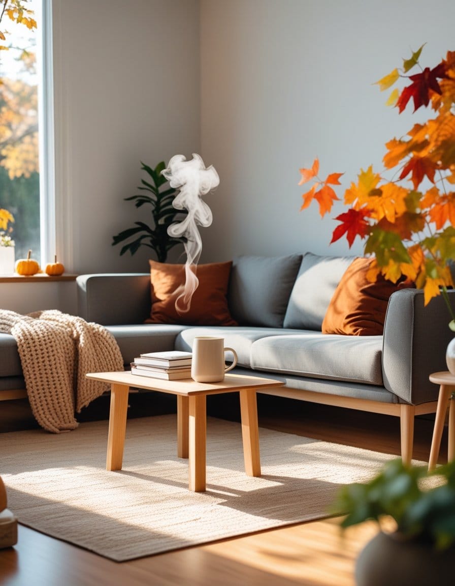 A cozy living room with a gray sofa, autumn decor, a steaming mug on a wooden coffee table, and sunlight streaming through a window.