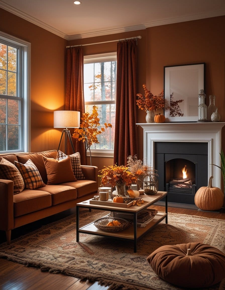 A cozy living room decorated for autumn with orange accents, plaid cushions, a lit fireplace, pumpkins, and fall foliage arrangements on the mantel and coffee table.