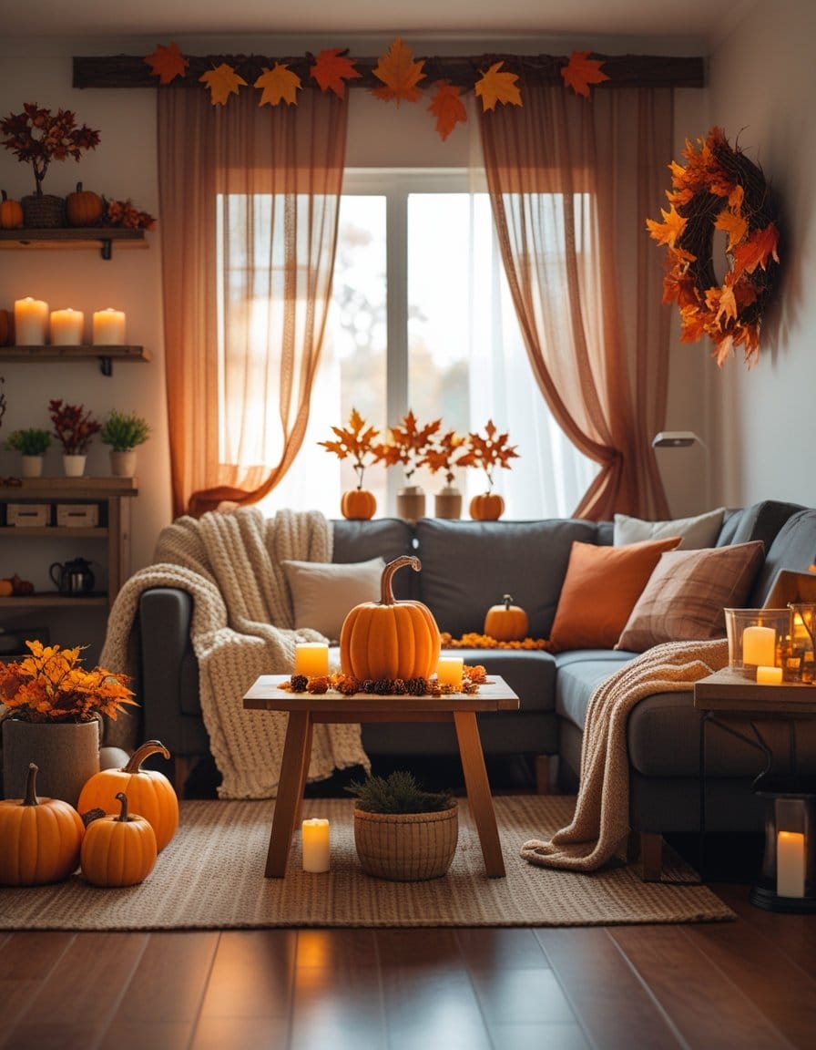 A cozy living room decorated for autumn with pumpkins, candles, orange throw pillows, and fall foliage accents around the window and on the table.