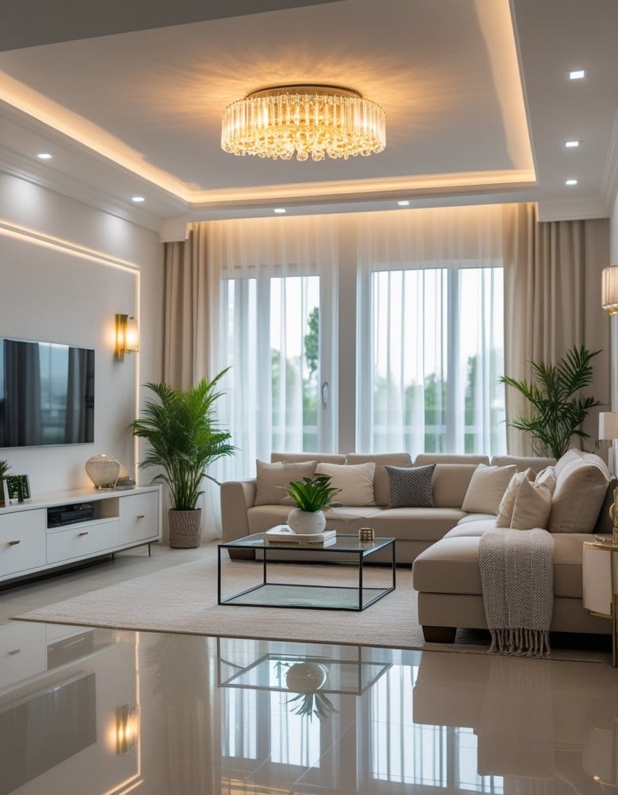 Modern living room with a beige sectional sofa, glass coffee table, indoor plants, TV, and large windows with sheer curtains. Ceiling lights and natural light illuminate the space.