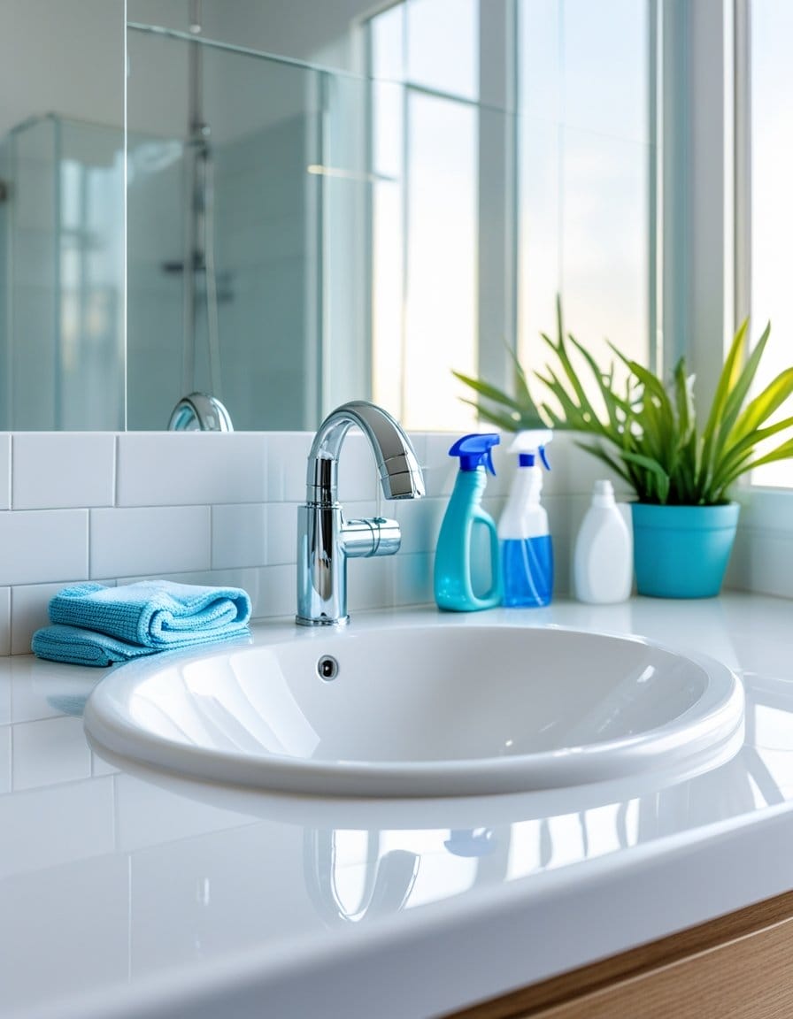 A clean bathroom sink with a chrome faucet, folded blue towels, spray bottles, and a potted green plant on the counter near a window.