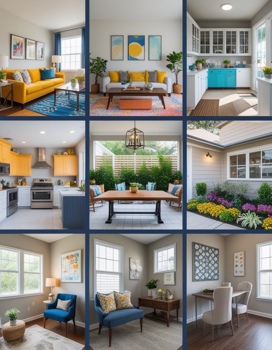 A collage of nine photos showing modern rooms and a garden: living rooms, kitchens, a dining area, a home office, and a patio with blooming flowers, all in bright, natural light.