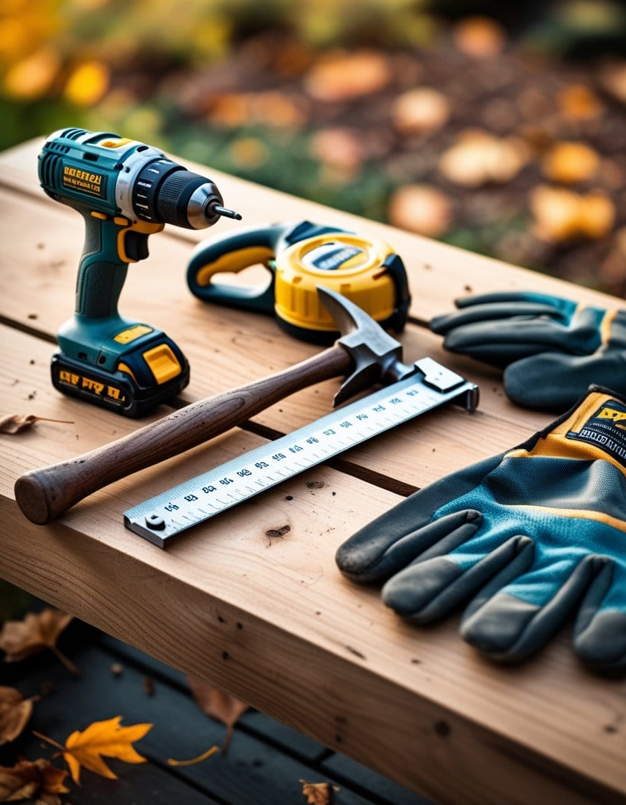 A cordless drill, measuring tape, hammer, ruler, and work gloves are arranged on a wooden surface outdoors with autumn leaves around.
