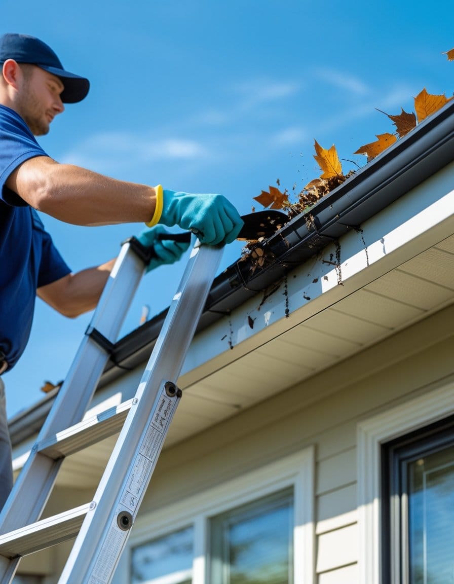 A person standing on a ladder cleans leaves and debris from a house’s gutter on a clear day.
