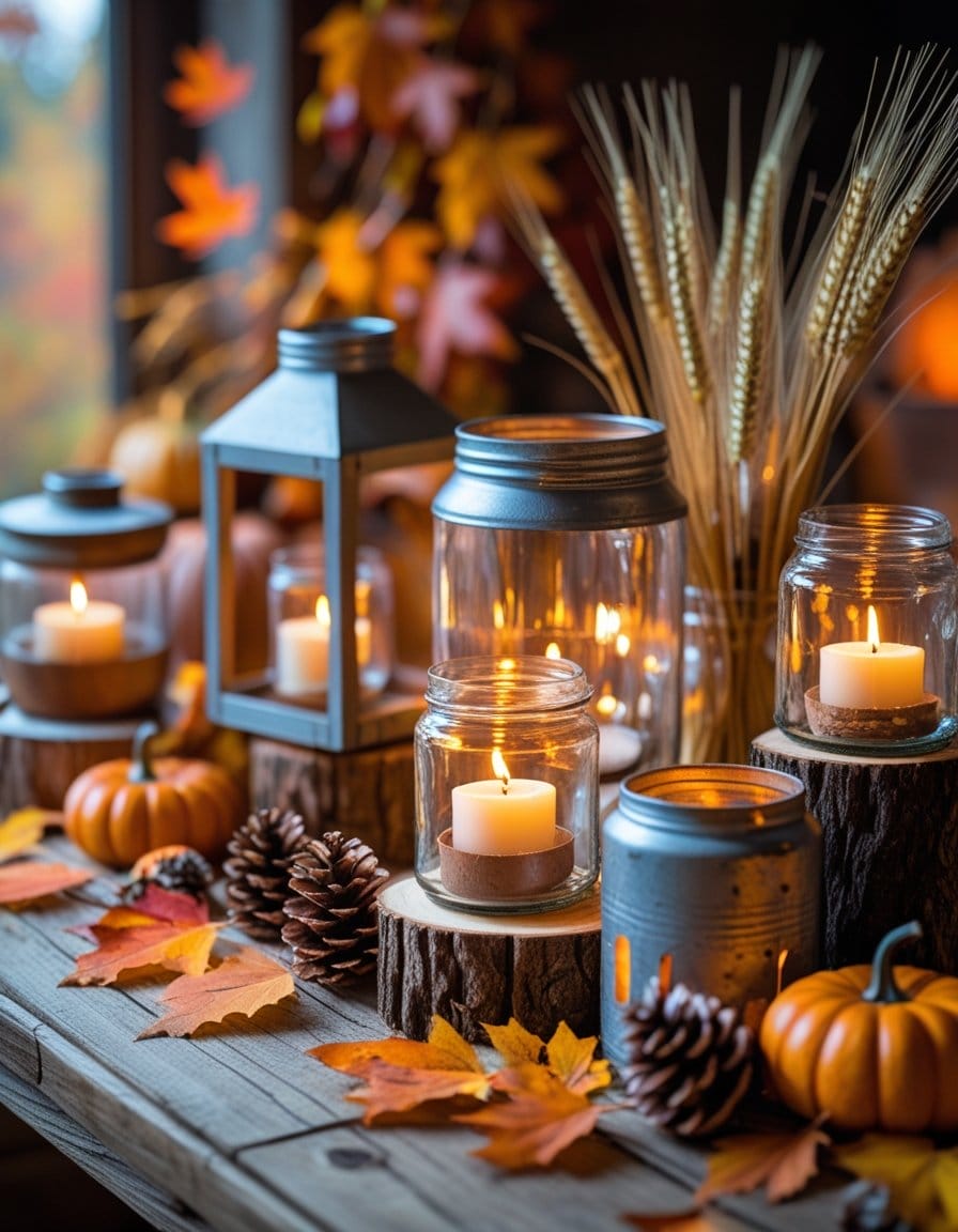 A wooden table decorated with lit candles in jars, pine cones, small pumpkins, autumn leaves, and wheat stalks, creating a cozy fall atmosphere.