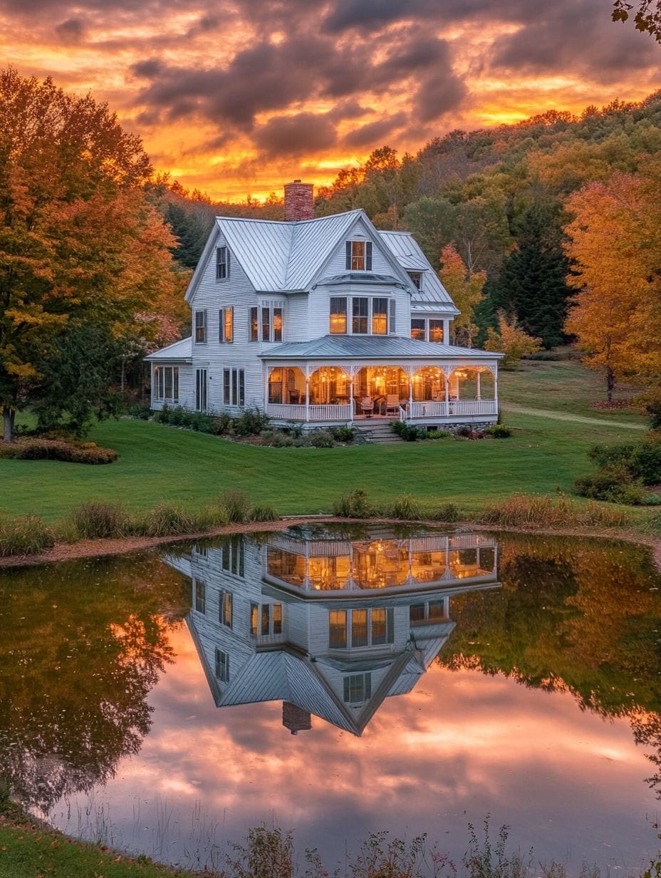 A large white house with a wraparound porch is reflected in a pond, surrounded by autumn trees under a dramatic orange sunset sky.