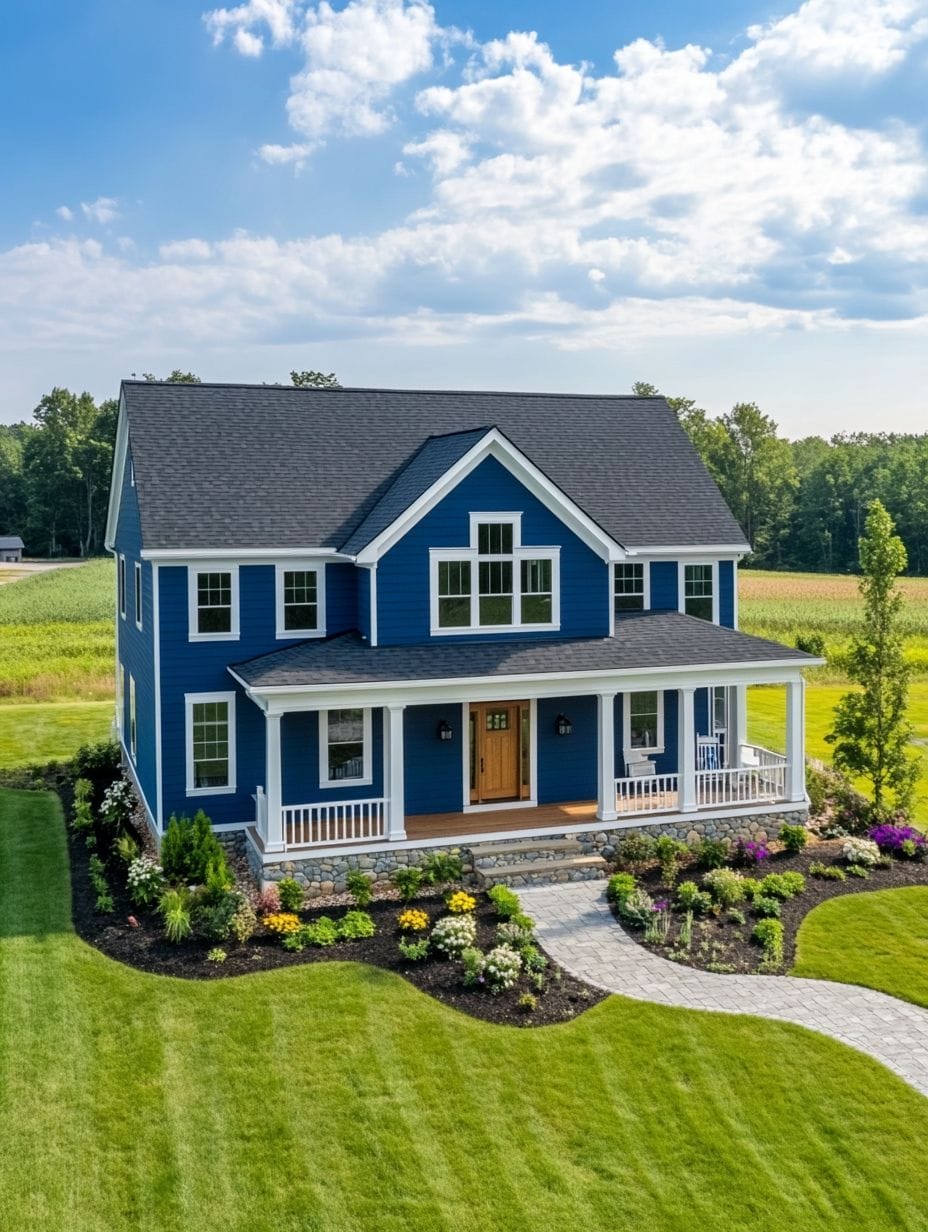 A two-story blue house with a covered front porch, large windows, and a landscaped yard surrounded by green grass and fields under a partly cloudy sky.