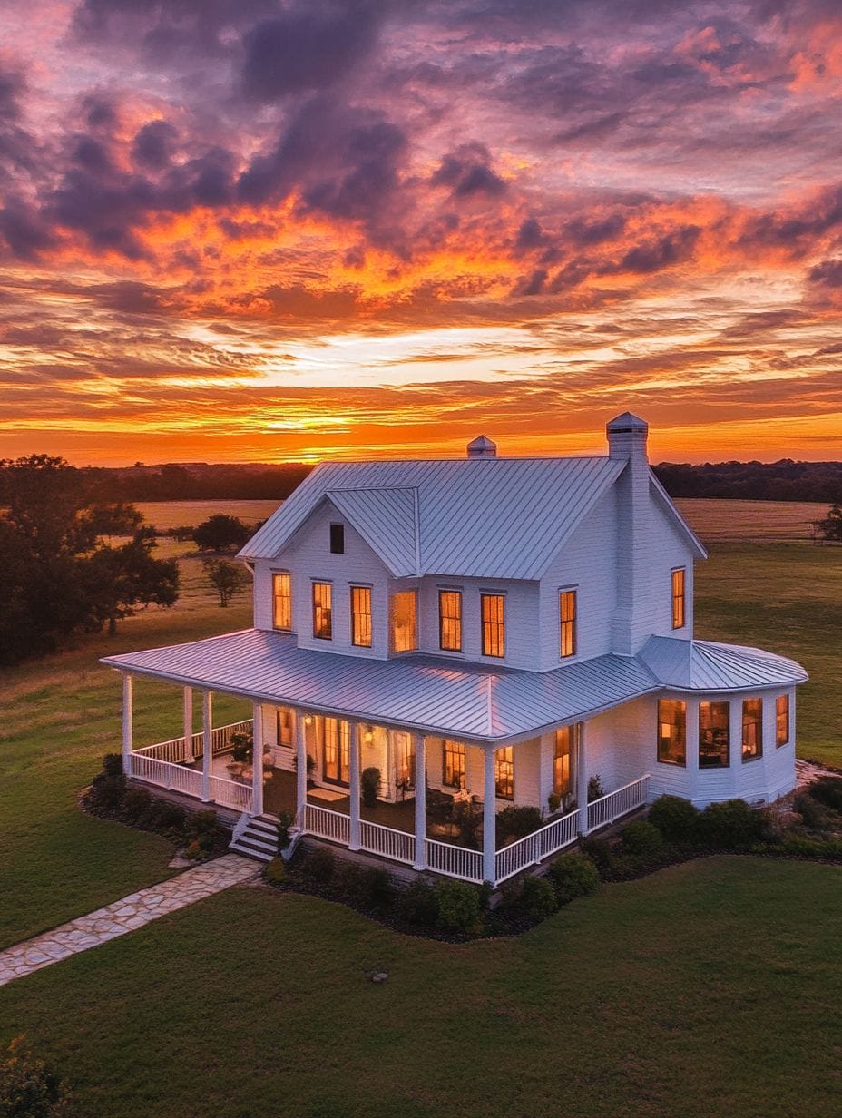 A white two-story farmhouse with a wraparound porch is lit warmly at sunset, surrounded by an open grassy field under a dramatic, colorful sky.