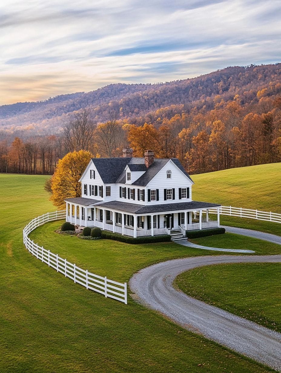 A white two-story house with a wraparound porch sits on a green lawn, surrounded by a white fence and autumn trees, with hills in the background.