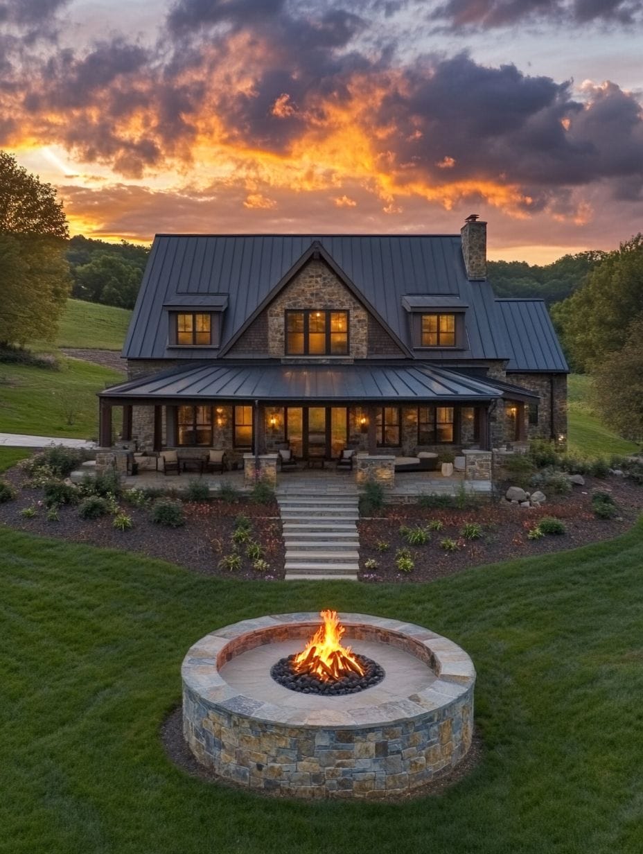 A stone house with a metal roof sits behind a landscaped yard and a circular stone fire pit with a flame, under a dramatic sunset sky.