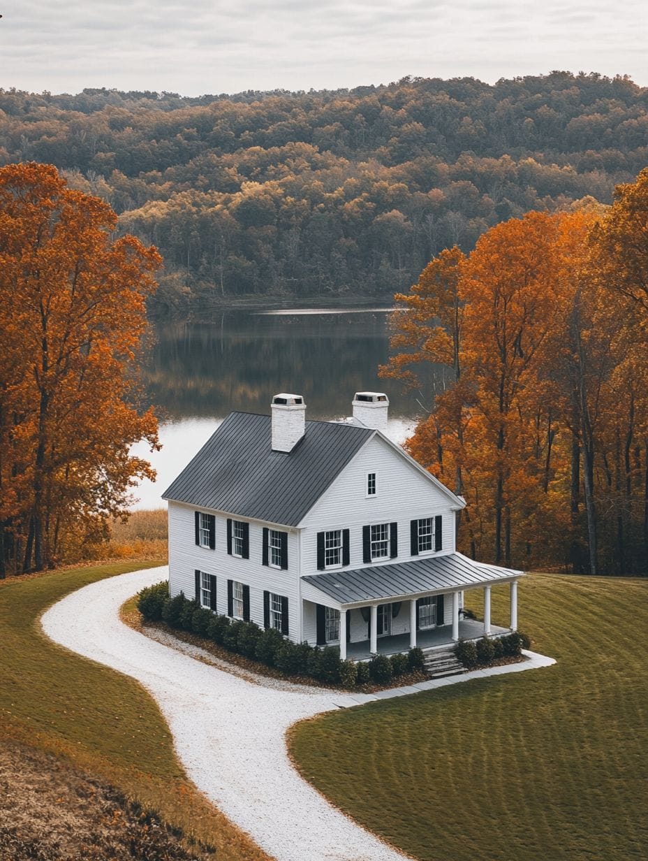 A white two-story house with a porch sits by a curved gravel driveway, surrounded by autumn trees and overlooking a lake and forested hills.