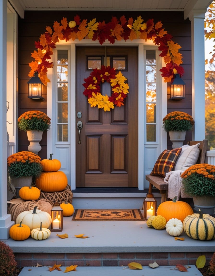 A front porch decorated with pumpkins, potted orange flowers, autumn leaf garlands, lanterns, and a plaid blanket on a bench, creating a fall-themed display.