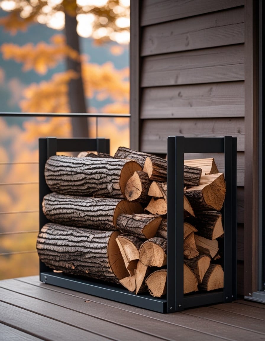 A metal rack filled with neatly stacked firewood sits on a wooden deck beside a dark wood-paneled wall, with autumn foliage visible in the background.
