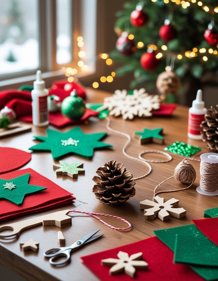 A table with Christmas craft supplies, including felt shapes, wooden snowflakes, pinecones, scissors, glue, string, and decorations, set by a decorated tree with lights.