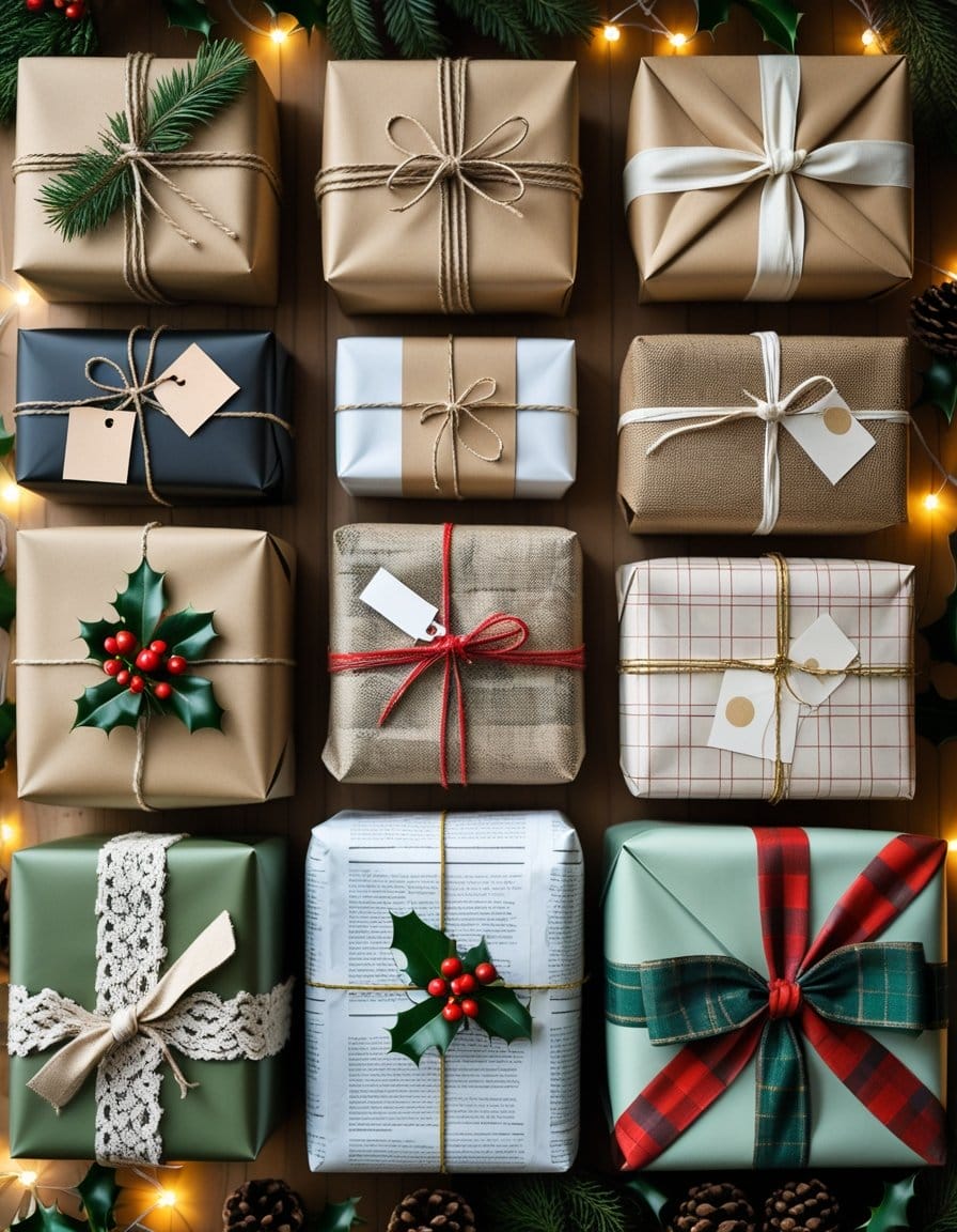 Twelve assorted gift boxes are neatly arranged in a grid, wrapped in various neutral and festive papers, decorated with string, tags, holly, lace, and plaid ribbons.