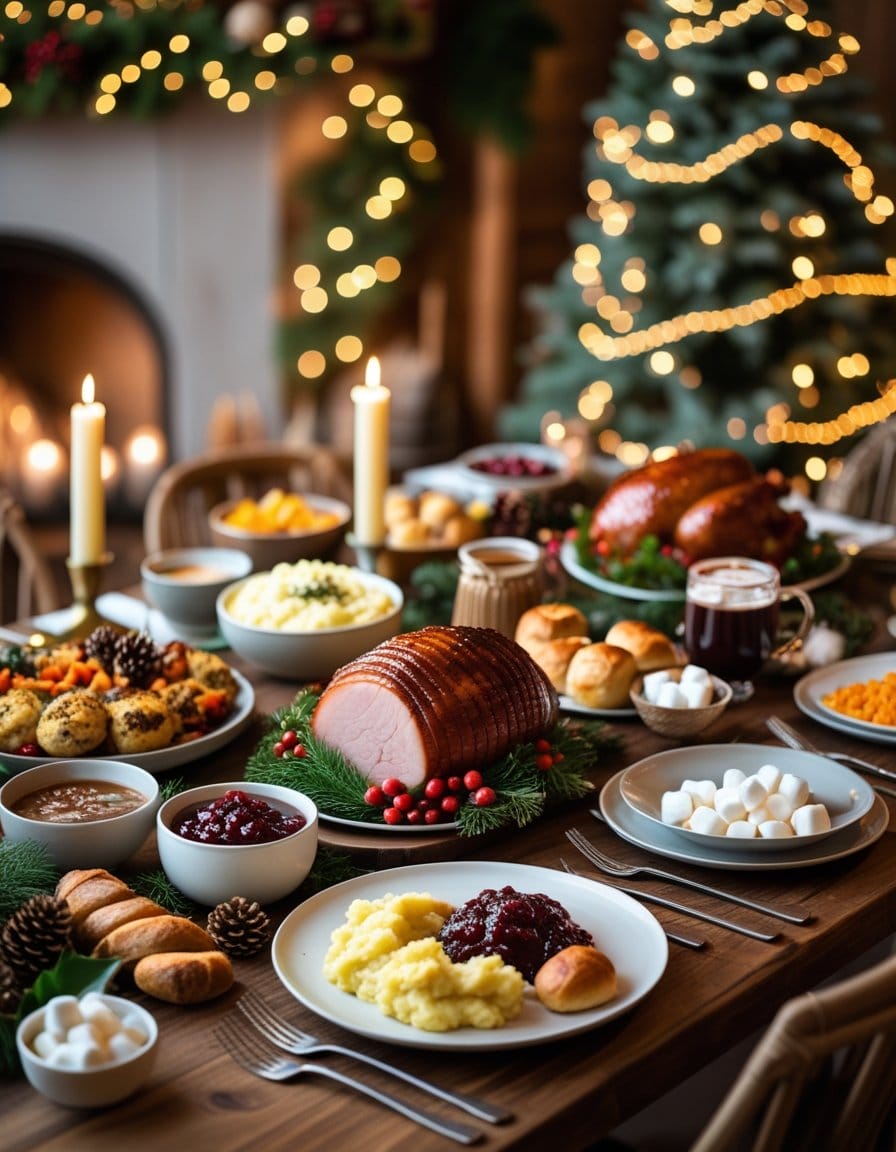 A festive dinner table set with ham, mashed potatoes, cranberry sauce, bread rolls, and various side dishes, decorated with candles and Christmas ornaments, with a lit tree in the background.