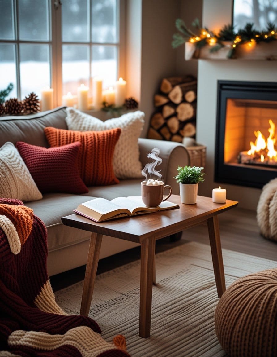 A cozy living room with a sofa, knit pillows, a wooden table holding an open book and mug, candles, a fireplace, and festive decorations.