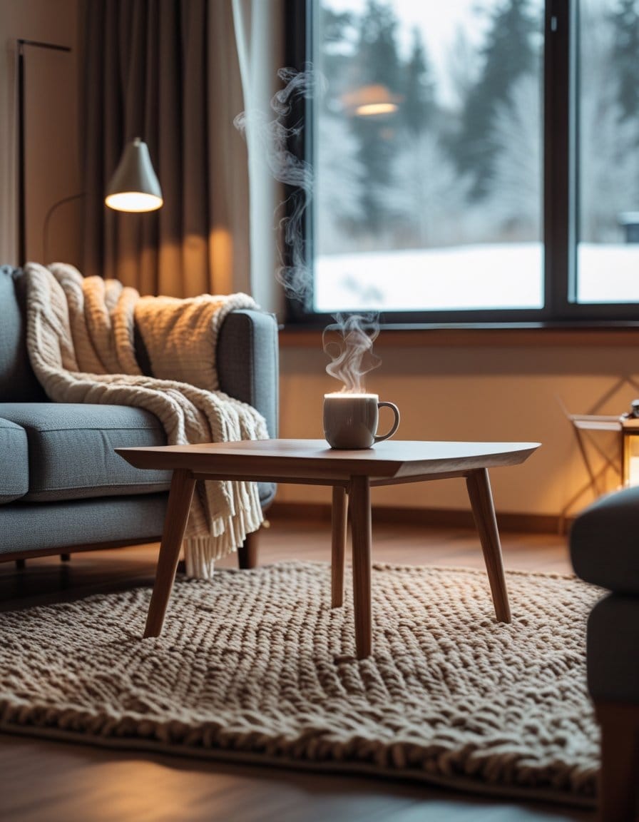 A steaming mug sits on a wooden coffee table in a cozy living room with a knit rug, grey sofa, blanket, and a window showing a snowy outdoor scene.