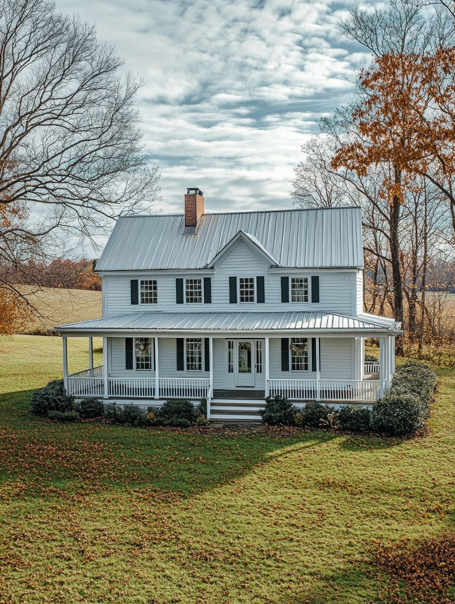 Two-story white farmhouse with a metal roof, wraparound porch, and brick chimney, surrounded by trees and an open grassy field under a partly cloudy sky.