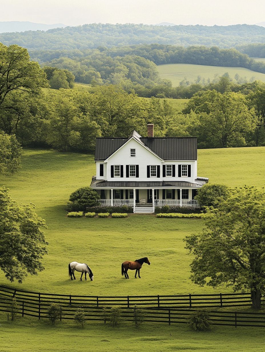 A white two-story farmhouse sits on a green lawn with two horses grazing in a fenced pasture, surrounded by trees and rolling hills.