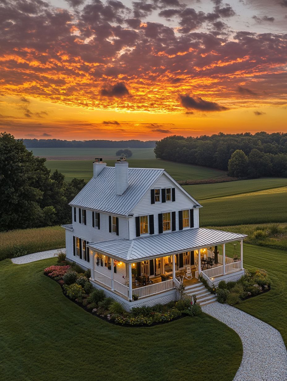 A white two-story farmhouse with a wraparound porch sits amid green fields at sunset, under a dramatic sky with orange and yellow clouds.