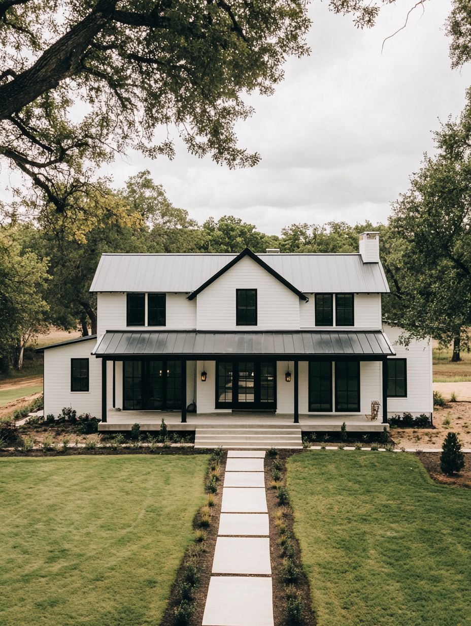 Two-story modern farmhouse with white siding, black window frames, metal roof, covered front porch, and a straight stone walkway leading across a manicured lawn.