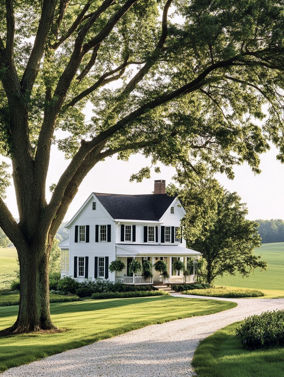 A white two-story farmhouse with a front porch sits beside a curved gravel driveway, surrounded by green lawn, large trees, and open fields.