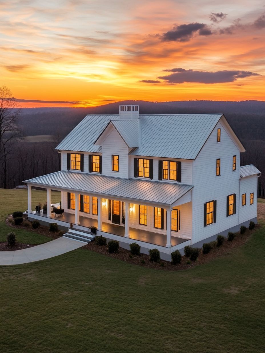 A white two-story house with a large front porch and lit windows sits on a grassy lawn at sunset, with a scenic landscape in the background.