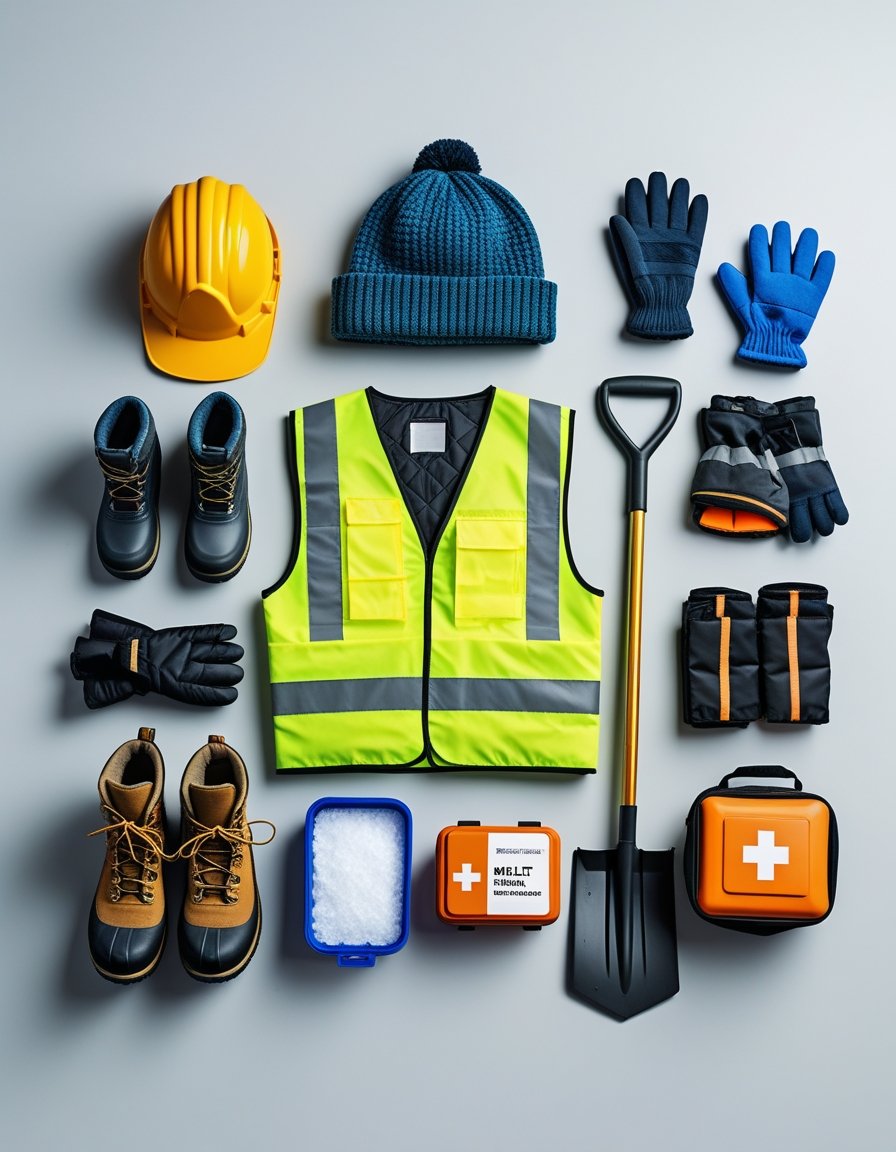 Winter safety gear arranged neatly, including a yellow hard hat, blue knit hat, gloves, boots, high-visibility vest, shovel, first aid kits, and ice melt container on a gray background.