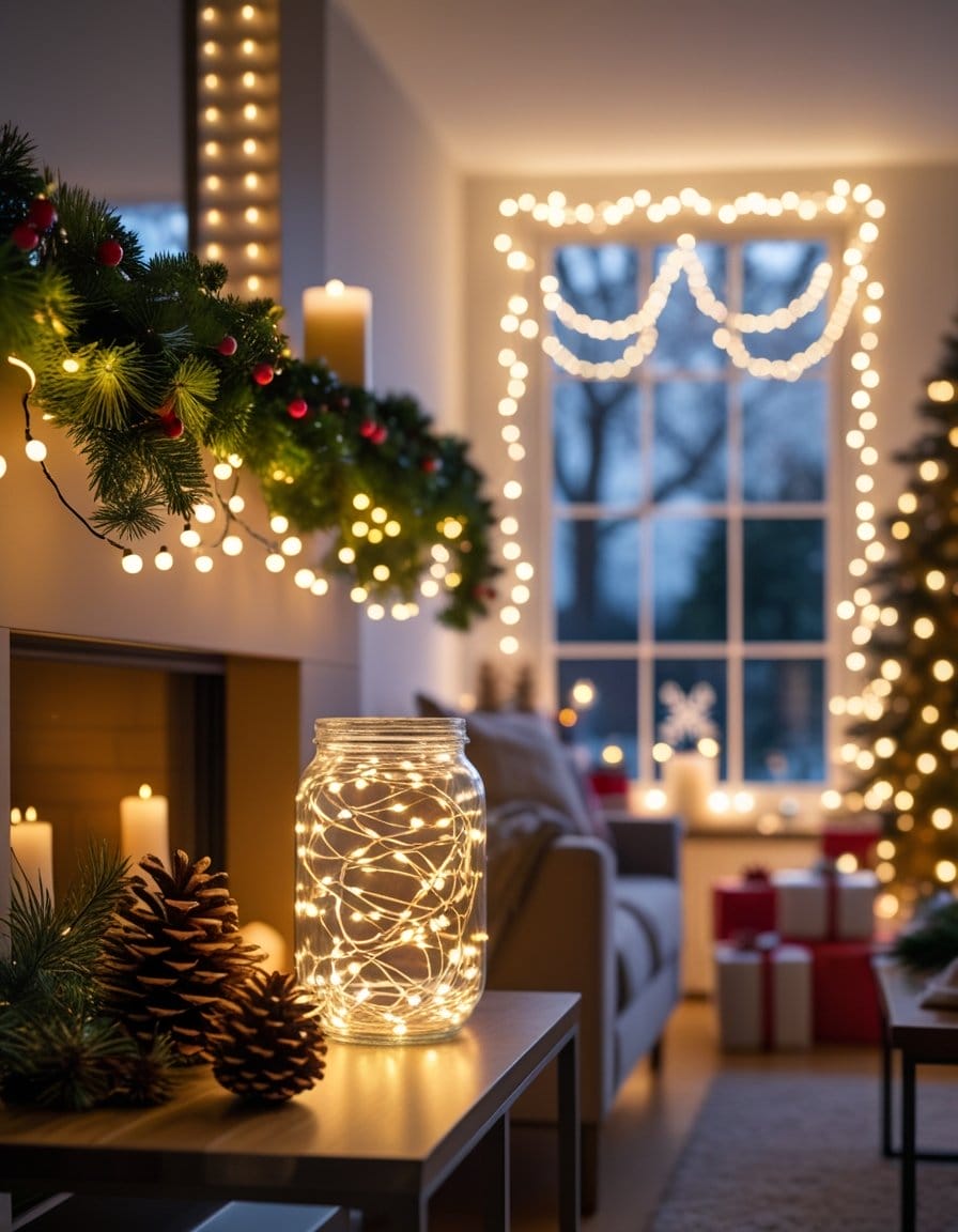 A living room decorated for the holidays with string lights, candles, pinecones, garland, and wrapped gifts near a window and Christmas tree.