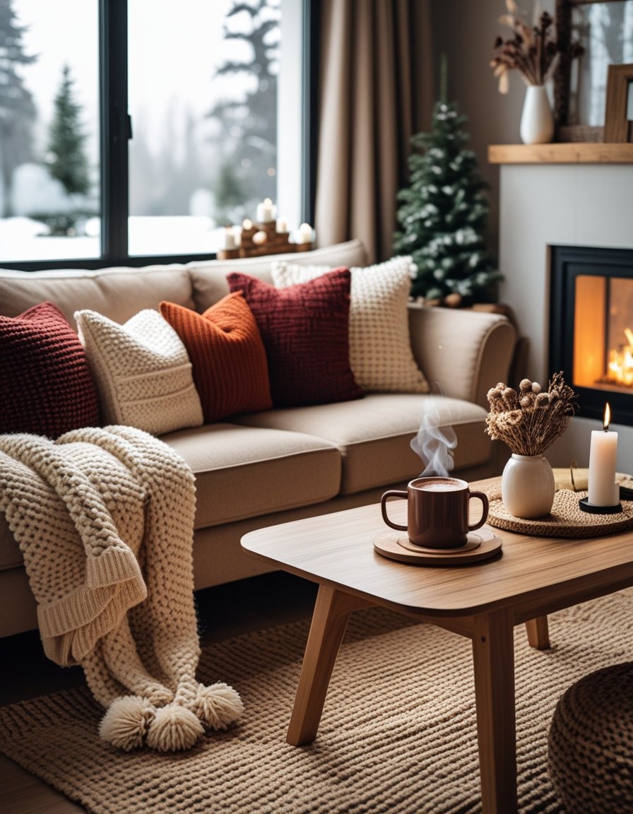 Cozy living room with a beige sofa, knitted pillows and blanket, wooden coffee table with a steaming mug, candle, and vase. Fireplace and window showing snowy trees outside.