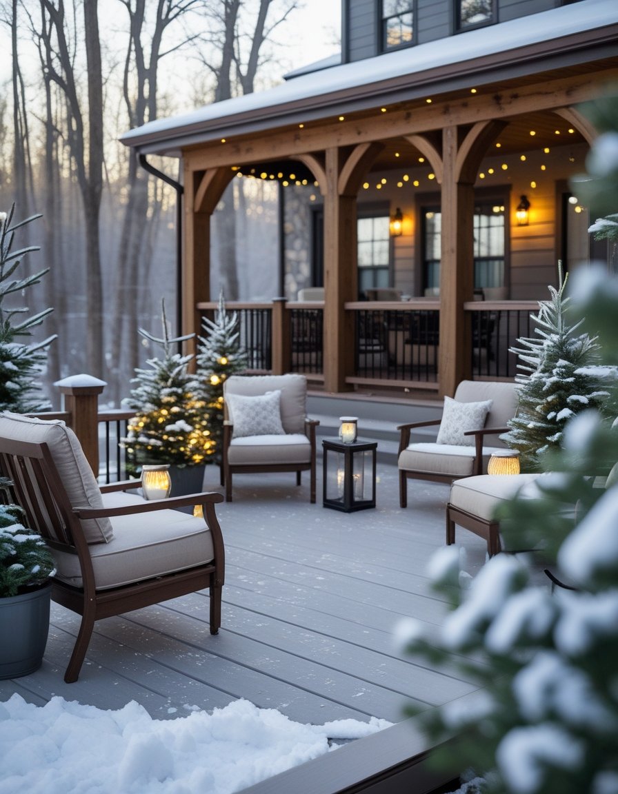 Snow-covered outdoor patio with cushioned chairs, potted pine trees, lanterns, string lights, and a wooden porch attached to a house in a winter forest setting.