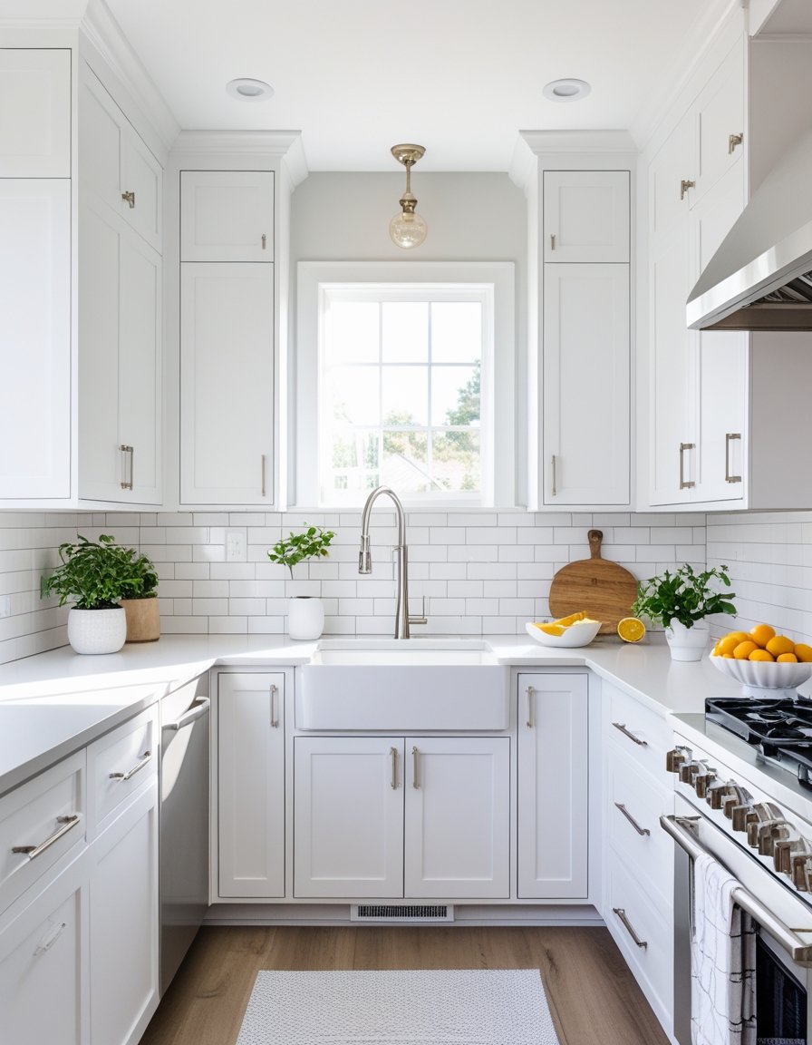 Bright, modern kitchen with white cabinets, subway tile backsplash, farmhouse sink, potted plants, and a window above the sink letting in natural light.