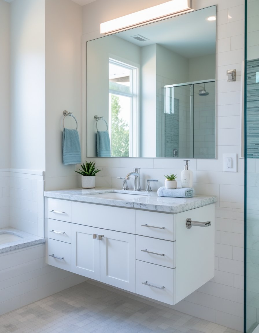 A modern bathroom with a white floating vanity, marble countertop, large mirror, silver fixtures, towel racks, and natural light from a window.