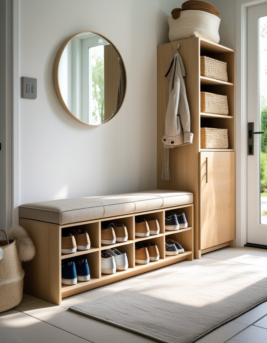 A tidy entryway with a cushioned bench and shoe storage, a tall shelving unit with baskets, a round mirror, and a door letting in natural light.