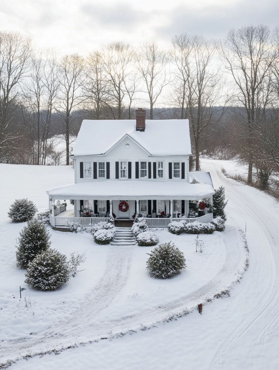 Two-story house with a front porch and wreath, surrounded by snow-covered trees and bushes, with a curved driveway in a winter landscape.