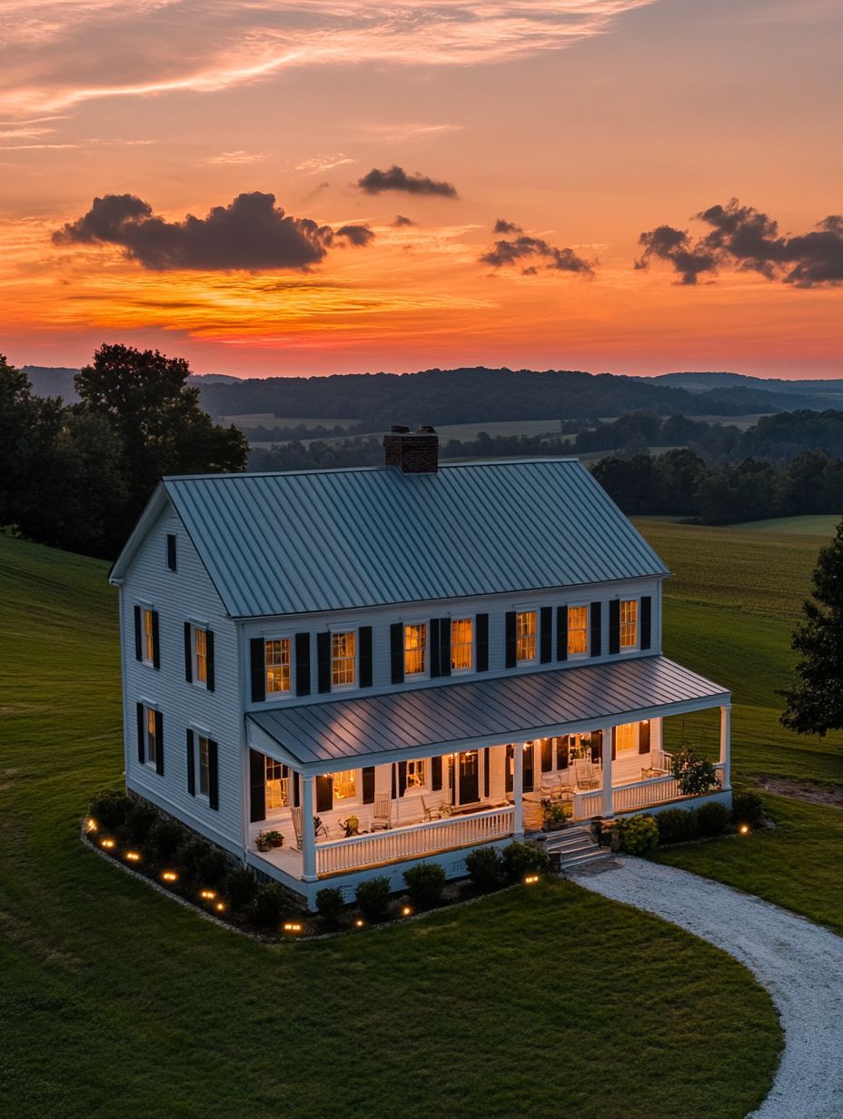 A two-story white farmhouse with a front porch is lit from inside at sunset, surrounded by green fields and a curving gravel driveway.